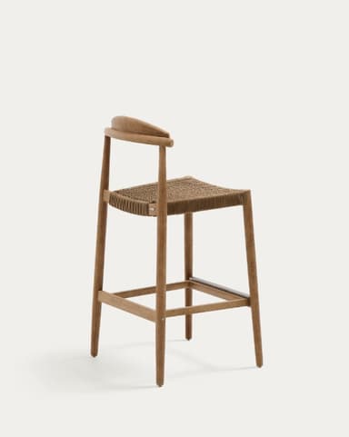 A light-toned solid wood bar stool with a woven rope seat and a curved, low backrest. It features a sturdy four-legged frame with a metal footrest bar for comfort and support. The design is minimalist and draws from natural materials. — 3D model