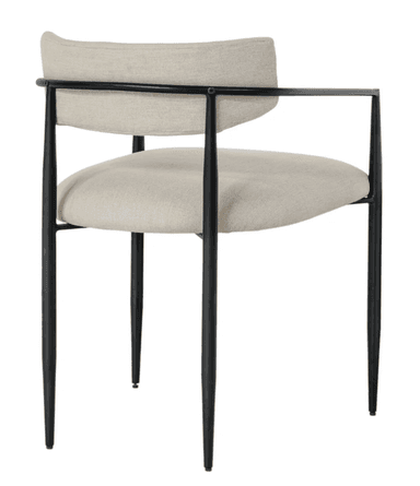 A contemporary armchair with a slender profile. The seat and backrest are upholstered in a light-colored, textured fabric. The frame consists of thin, matte black metal legs and armrests. The armrests curve gently downwards and forwards, supporting the arms. The backrest is slightly curved and integrated into the frame. — 3D model