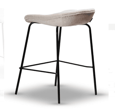 A modern bar stool featuring a sculpted, upholstered seat in a light, textured fabric atop a minimalist black metal frame with integrated footrests. — 3D model