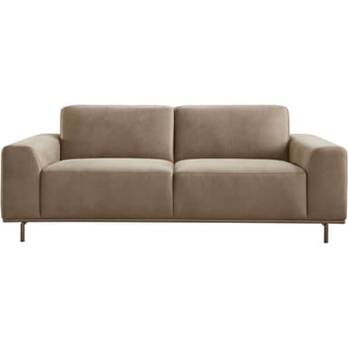 A modern two-seater sofa with clean lines and a low profile. The sofa features plush cushions for the seat and back, and slightly rounded armrests. It is supported by thin, minimalist metal legs. — 3D model