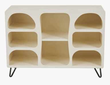 A freestanding bookcase with an off-white, matte finish. It features an asymmetrical design with six open compartments, alternating between arched and rectangular openings. The unit is supported by four slender, black metal hairpin legs. — 3D model