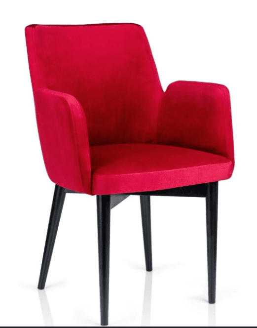 A modern armchair with a red velvet upholstery and black wooden legs. The armchair features a high backrest and integrated armrests, providing a comfortable seating experience. The overall design is sleek and minimalist, suitable for contemporary interior settings. — 3D model