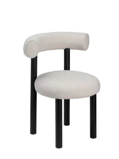 A modern accent chair with a rounded, upholstered backrest and seat, supported by four slender, matte black legs. The upholstery appears to be a textured boucle fabric. — 3D model