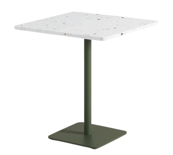A modern square table featuring a white terrazzo tabletop with multi-colored flecks, supported by a single olive green metal pedestal, which terminates in a square metal base with rounded corners. The design is minimalist and contemporary. — 3D model