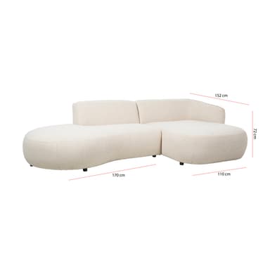 A modular sectional sofa with a curved, organic design. It features a plush, textured upholstery in a light cream or off-white color and sits on small, dark metal legs. The sofa appears to be composed of at least two sections, one with an extended chaise lounge. — 3D model