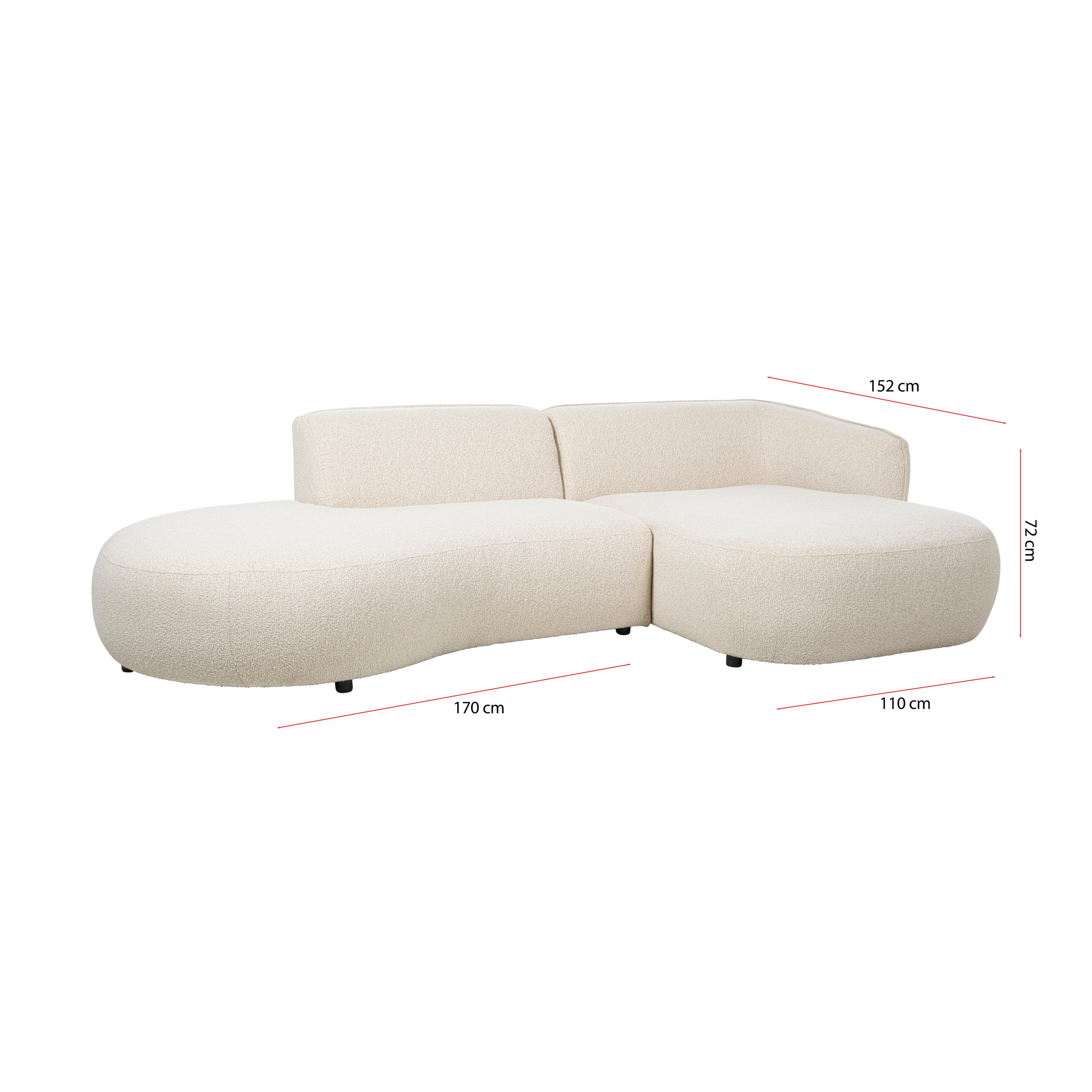 A modular sectional sofa with a curved, organic design. It features a plush, textured upholstery in a light cream or off-white color and sits on small, dark metal legs. The sofa appears to be composed of at least two sections, one with an extended chaise lounge. — 3D model