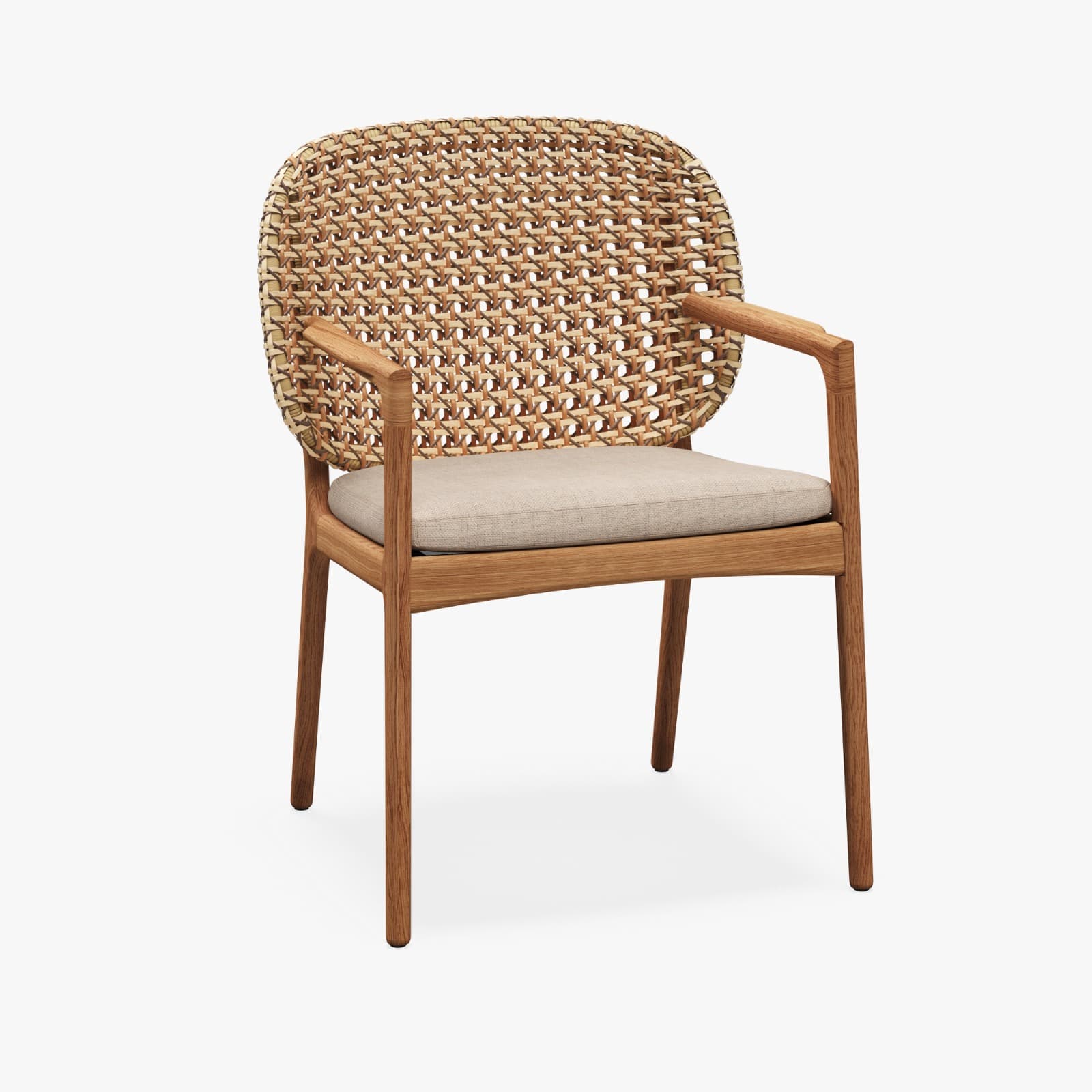 A contemporary armchair featuring a solid wood frame, a rounded backrest made from intricately woven cane or rattan, and a removable beige fabric seat cushion. The armrests are smoothly integrated into the wooden frame, and the legs are straight and tapered. The overall design suggests a blend of natural materials with modern aesthetics. — 3D model