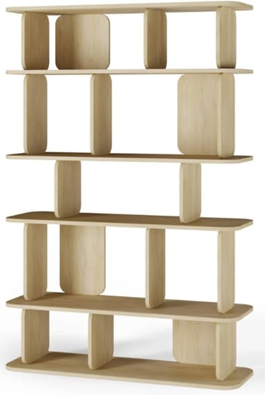A modern, light-toned wooden shelving unit featuring an open, asymmetrical design with integrated closed compartments and rounded edges. — 3D model