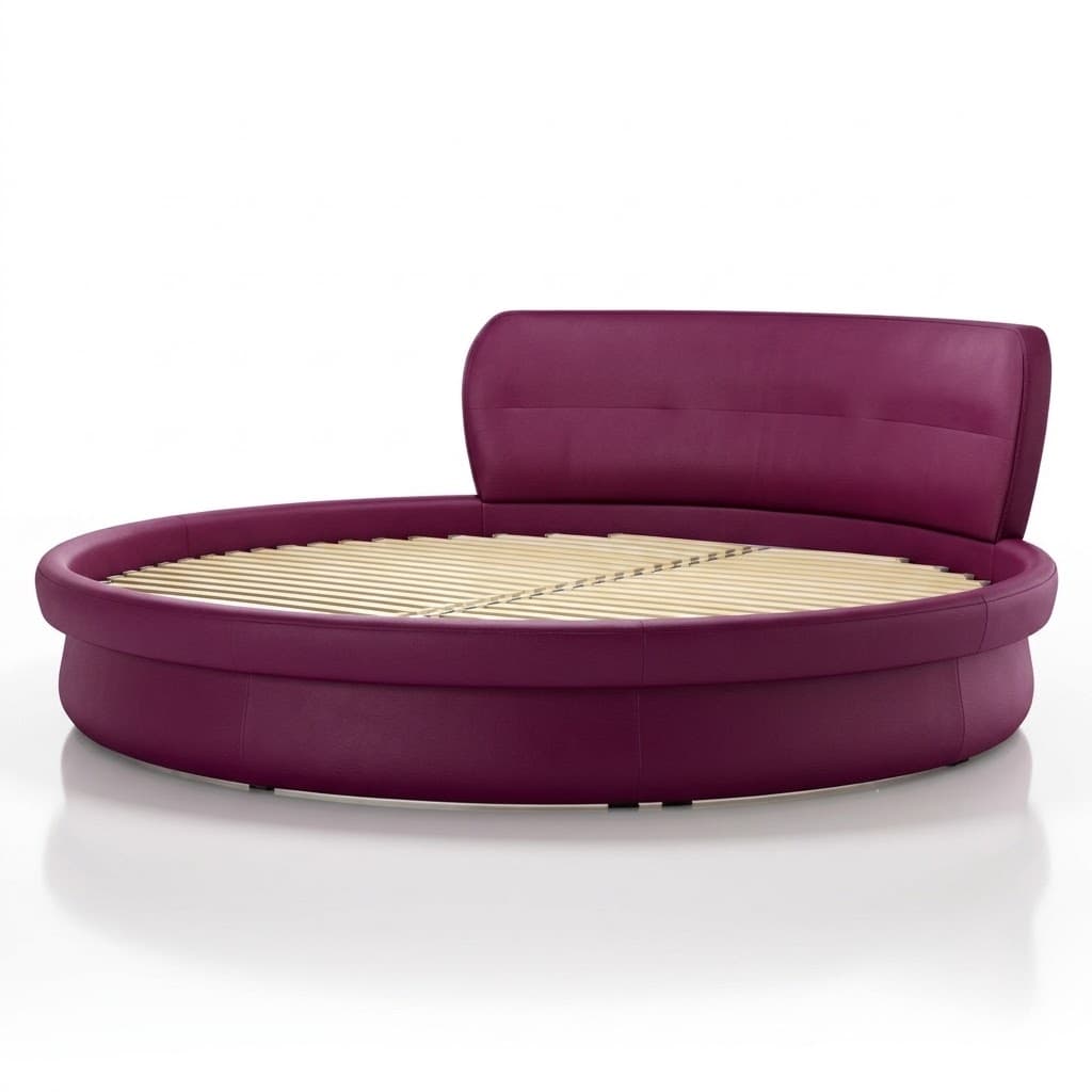 A round bed frame upholstered in a vibrant purple material, featuring a curved headboard and a slatted wooden base for mattress support. — 3D model