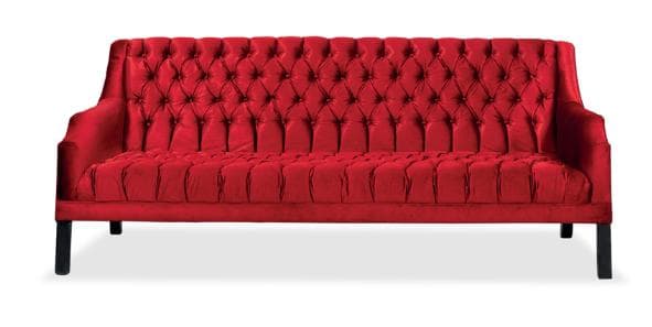 A red velvet tufted sofa with a high back and armrests. The tufting pattern on the back forms a diamond shape, while the seat cushion features a series of vertical tufts. The sofa is supported by four black, straight legs. — 3D model