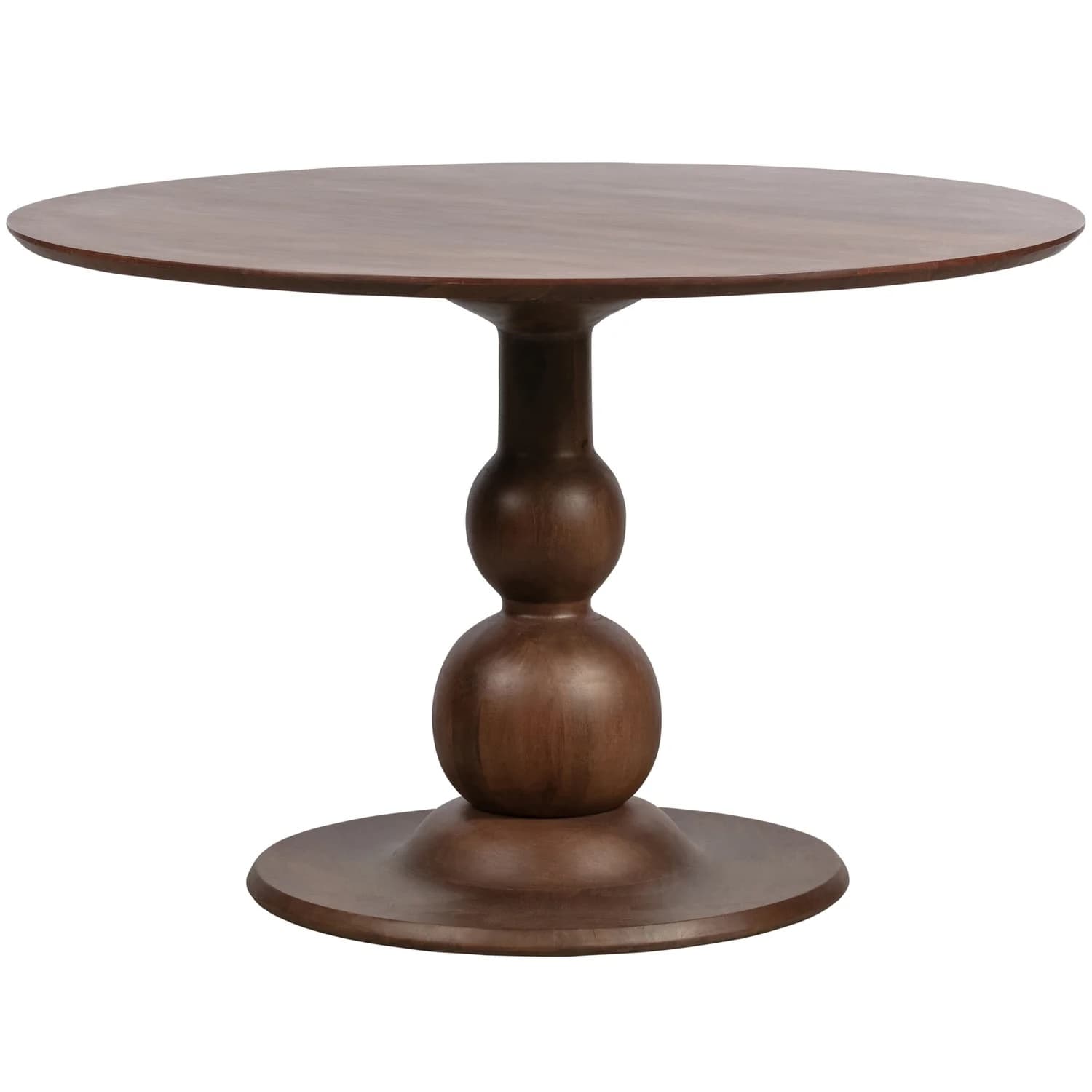 A round dining table with a pedestal base. The tabletop is flat and circular. The pedestal base consists of two spherical elements stacked vertically, supported by a wider, flattened circular base. The overall design is characterized by smooth curves and a solid form. — 3D model