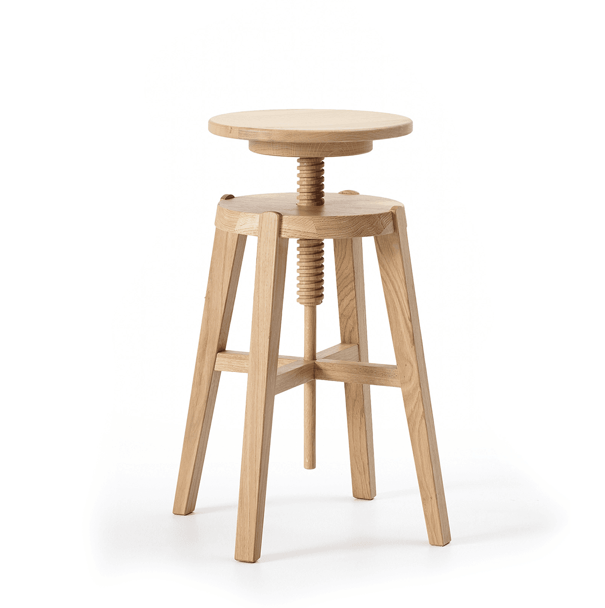 A light-colored wooden adjustable height bar stool with a round seat and a threaded mechanism for height adjustment. The stool has four splayed legs connected by cross braces for stability. The visible wood grain suggests it is made of solid wood, likely oak. The design is simple and functional with a natural finish. — 3D model