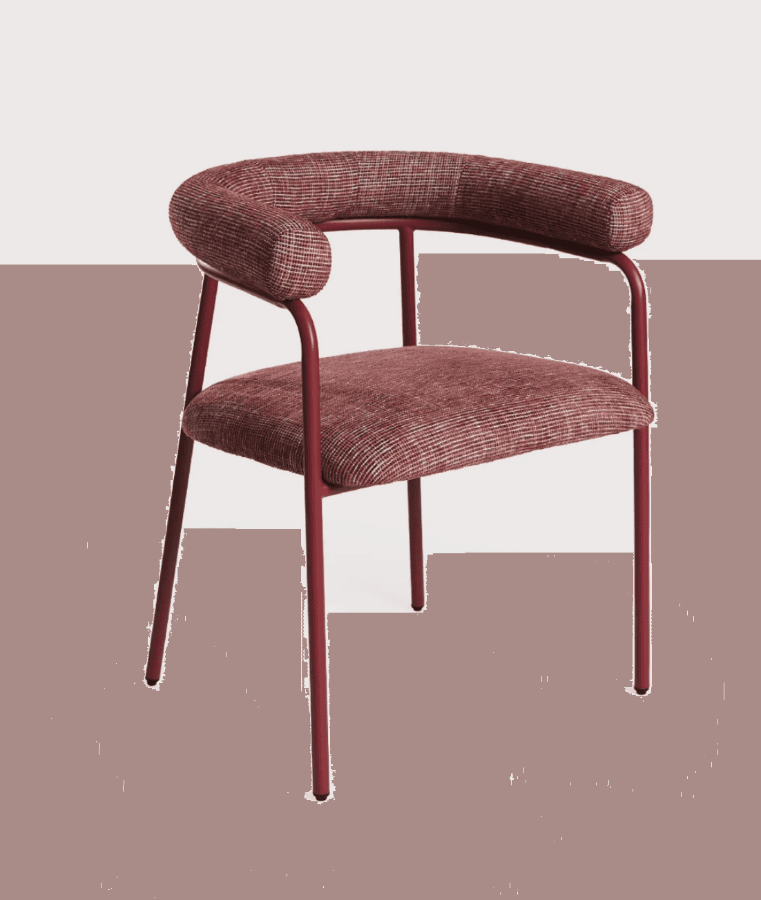 A compact upholstered armchair featuring a continuous curved backrest and armrests, supported by a slim tubular metal frame. — 3D model