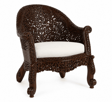 An ornately hand-carved dark wood armchair featuring intricate floral and foliate motifs across its entire frame. The chair has a high, curved backrest and substantial arms, all rendered in deeply carved patterns. It is fitted with a light-colored, possibly cream or off-white, upholstered cushion for the seat. The legs are also carved, ending in scroll-like feet. The overall aesthetic is elaborate and traditional. — 3D model