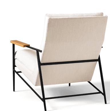 A modern armchair with a high back, featuring a black metal frame and light-colored fabric upholstery. The armrests are accentuated with natural wood panels. The chair has a sleek, minimalist design. — 3D model