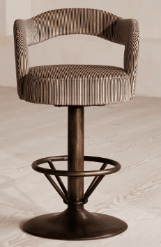 A bar stool with a padded seat and backrest upholstered in a striped fabric. It features a height-adjustable pedestal base with a circular footrest and a round, flat base. — 3D model