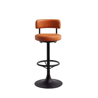 A black metal bar stool with a circular base, a central pedestal, and a footrest ring. The seat and backrest are upholstered in a tan, textured material, resembling leather. The backrest is a low, curved piece attached to a black metal arm that extends from beneath the seat. — 3D model