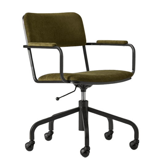 A modern office chair with a metal frame and upholstered seat and back. It features armrests and a five-star base with casters for mobility. The chair has a height adjustment mechanism. — 3D model