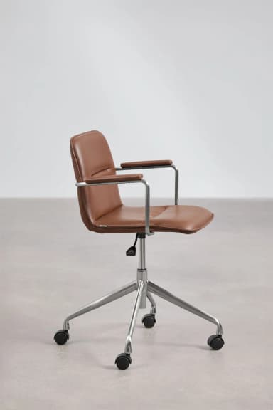 A modern office chair with a low-back design, featuring a brown leather seat and backrest, supported by a polished metal frame and a five-star base with casters. The armrests are also made of polished metal with brown leather pads. — 3D model
