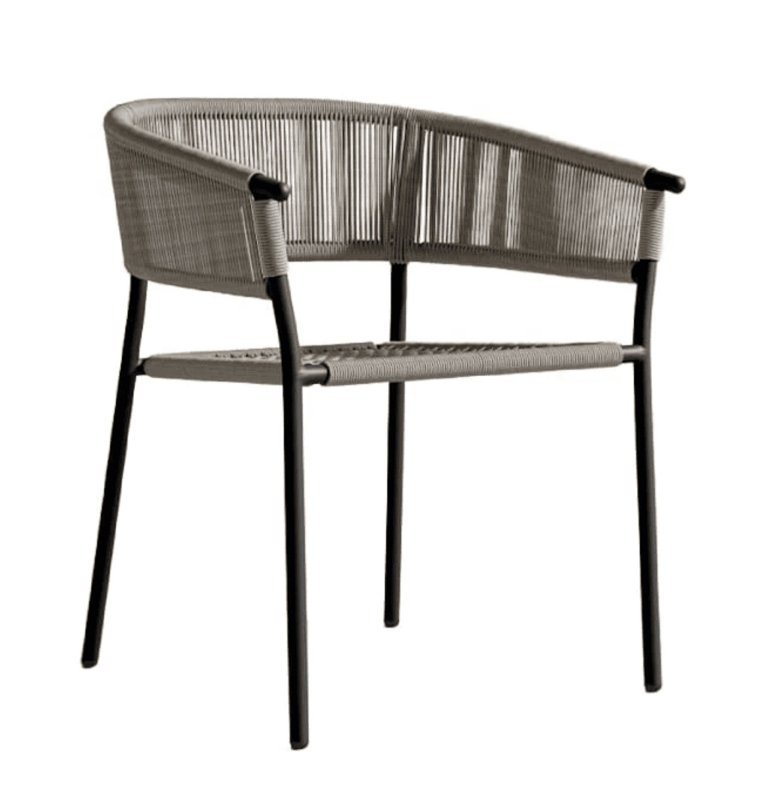 A contemporary armchair with a rounded silhouette. The seat and back are constructed from tightly woven rope or cord, supported by a slender, dark-colored metal frame. The armrests are capped with a dark material, contrasting with the woven body. The chair has four angled legs. — 3D model