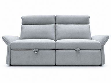 A light blue, contemporary three-seater sofa featuring plush upholstered cushions, integrated adjustable headrests, and rounded armrests, presented with a clean, solid base. — 3D model