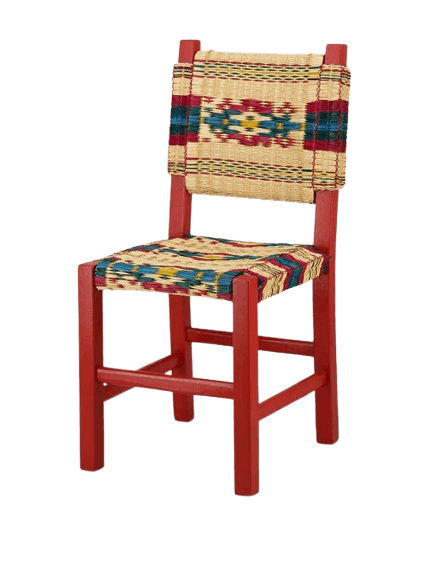 A wooden chair with a woven seat and backrest. The frame of the chair is painted red, and the woven sections feature a patterned design with multiple colors. The seat and backrest appear to be made from a natural fiber material. — 3D model