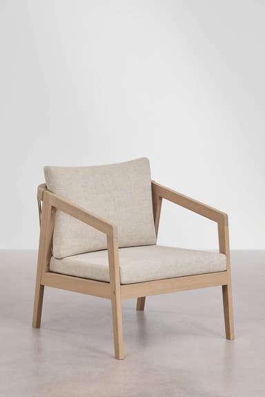 A modern armchair with a light wood frame and a woven rope backrest. It features a cushioned seat and back, upholstered in a neutral-toned fabric. The design emphasizes natural materials and a minimalist aesthetic, suitable for outdoor or indoor use. — 3D model