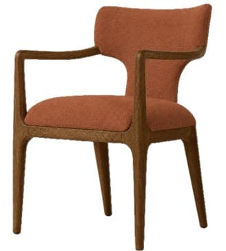 A contemporary dining armchair featuring a solid wood frame with elegantly curved arms and legs, complemented by an upholstered seat and a distinctively shaped backrest in a reddish-orange textured fabric. — 3D model