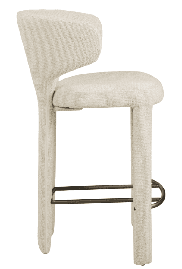 A contemporary upholstered bar stool with a distinctive curved backrest and a dark metal footrest, covered in a cream-colored textured fabric. — 3D model