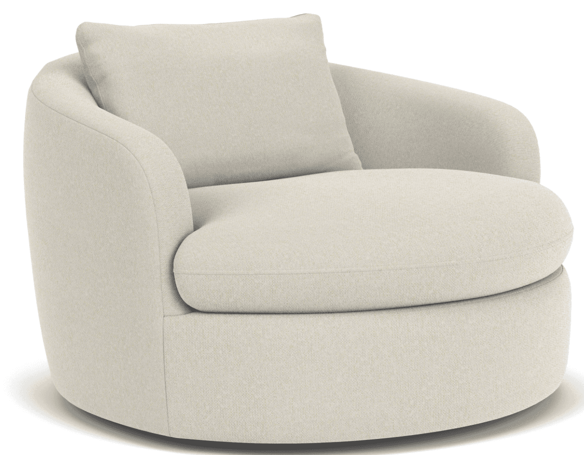 A modern, round upholstered chair featuring a deep seat, wide curved arms, and a loose back cushion, all covered in a light beige textured fabric, standing on a circular, fully upholstered base that implies a swivel function. — 3D model