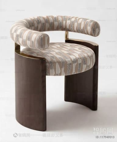 An upholstered barrel back accent chair featuring a distinctive geometric patterned fabric in beige, brown, and black tones. The chair has a solid dark wood plinth-style base with two curved legs, and brass accents connect the upholstered backrest to the seat. — 3D model