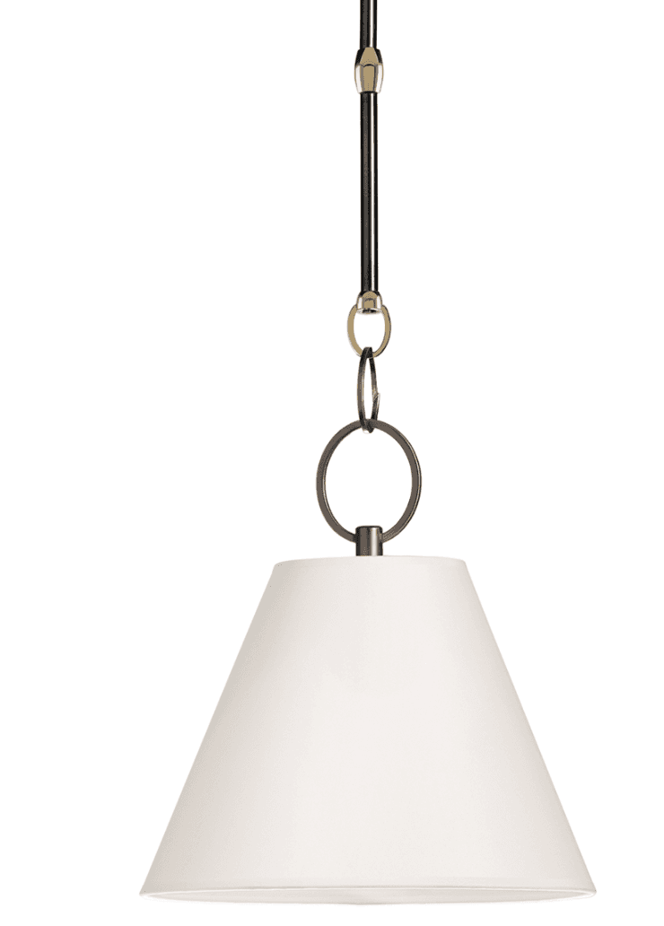 A single, modern pendant light featuring a white conical fabric shade suspended by a black rod with brass and dark bronze metal accents. The light has a clean, sophisticated aesthetic. — 3D model