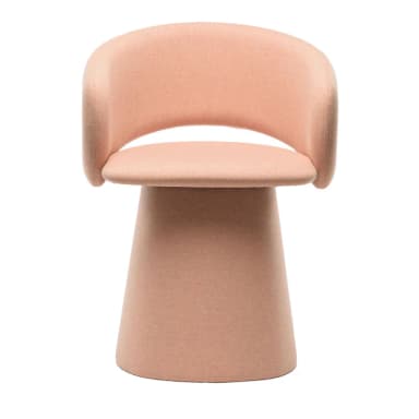A contemporary accent chair with a rounded, embracing backrest and a curved open front. The seat is integrated with the backrest, forming a continuous shell. The chair stands on a solid, flared pedestal base, resembling an inverted truncated cone. — 3D model