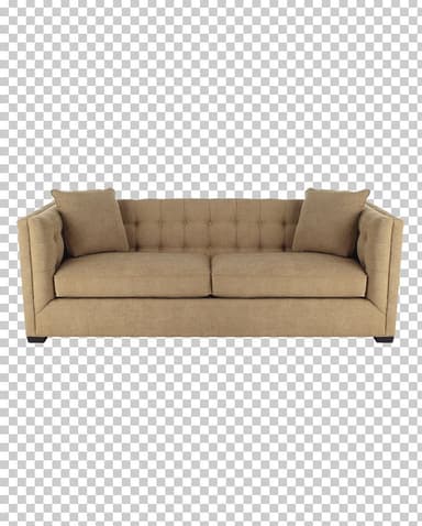 A contemporary three-seater sofa upholstered in a beige textured fabric. It features a button-tufted backrest, track arms with vertical channel tufting on the exterior, and two removable seat cushions. Two matching throw pillows are also included. The sofa rests on dark-finished block feet. — 3D model