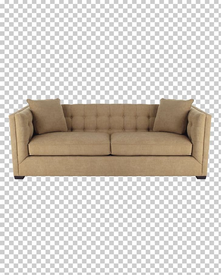 A contemporary three-seater sofa upholstered in a beige textured fabric. It features a button-tufted backrest, track arms with vertical channel tufting on the exterior, and two removable seat cushions. Two matching throw pillows are also included. The sofa rests on dark-finished block feet. — 3D model