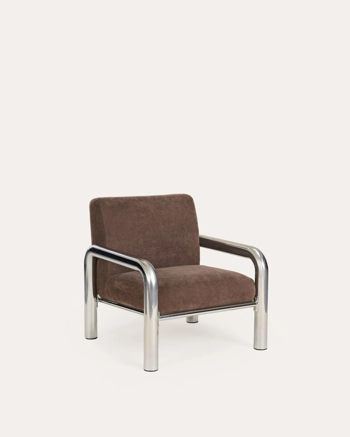 A brown upholstered armchair featuring a polished tubular chrome frame. The seat and back consist of thick, separate cushions upholstered in a plush, velvet-like fabric. The chrome frame forms continuous, rounded armrests and legs, giving the chair a distinctive modern industrial aesthetic. — 3D model