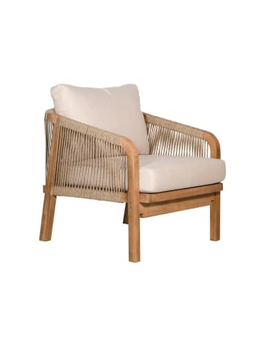 A single-seater outdoor lounge chair featuring a sturdy wooden frame, likely teak, with a natural finish. The backrest and armrests are crafted from tightly woven beige rope, creating a textural and open design. It includes a plush, light beige seat cushion and a matching back cushion for comfort. The chair has a relaxed, low-profile silhouette suitable for lounging. — 3D model