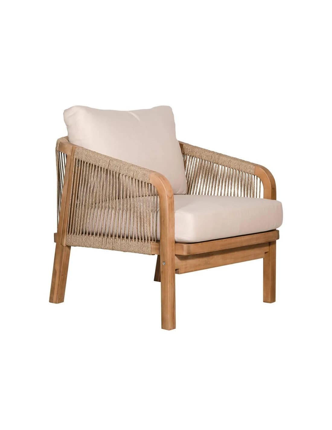A single-seater outdoor lounge chair featuring a sturdy wooden frame, likely teak, with a natural finish. The backrest and armrests are crafted from tightly woven beige rope, creating a textural and open design. It includes a plush, light beige seat cushion and a matching back cushion for comfort. The chair has a relaxed, low-profile silhouette suitable for lounging. — 3D model