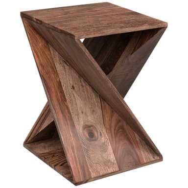 A wooden end table with a unique, angular geometric design. The structure features an open triangular void created by intersecting planes. The wood grain is prominent, showcasing variations in tone and texture, with visible knots. — 3D model