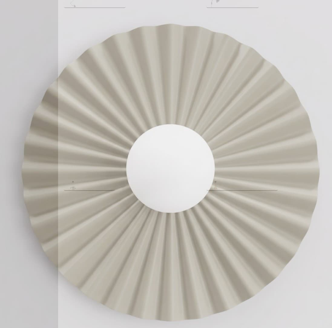 A contemporary wall sconce featuring a circular, pleated or fluted backplate in a greige color, with a central spherical opal glass diffuser providing light. — 3D model
