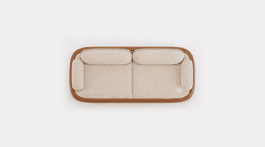 A contemporary two-seater loveseat featuring a dual-material design. The upper seating area, including the back cushions, seat cushions, and armrests, is upholstered in a light cream-colored, textured bouclé fabric, offering a soft and inviting appearance. The back and seat cushions are distinct, plump, and rounded. The lower perimeter of the sofa is encased in a smooth, curved tan-brown leather or faux leather panel, which provides a contrasting texture and color. This leather section is subtly elevated by a thin, light-toned wooden plinth base that forms the lowest part of the furniture piece, completing its minimalist and elegant aesthetic. — 3D model