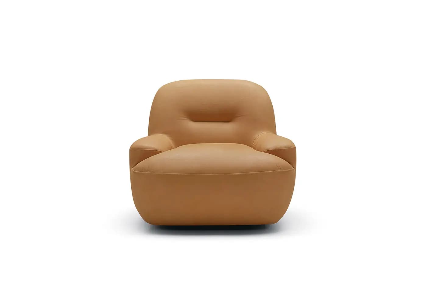 A single, tan-colored, plush armchair featuring a contemporary design with soft, rounded edges and a fully upholstered form. It has integrated armrests and a subtle horizontal indentation on the backrest, suggesting a comfortable lumbar or design feature. The material appears to be smooth leather or a high-quality leatherette, contributing to its sleek, modern aesthetic. — 3D model