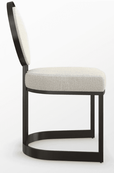 An armless chair featuring a distinctive circular upholstered backrest and a dark metal frame with a sled base. The seat and backrest are upholstered in a light, textured fabric. — 3D model