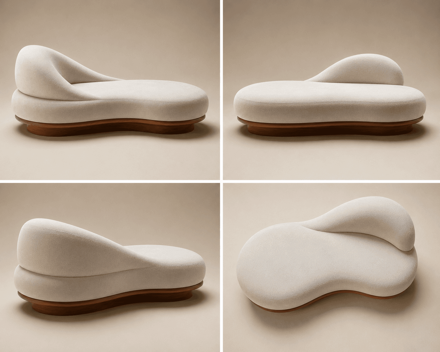 An organic modern chaise lounge featuring a soft, cream-colored upholstered body with a distinctive asymmetrical and curvilinear form. The plush seating surface and integrated, gently sloped backrest are supported by a contoured, dark wood base that mirrors the organic shape of the upper section. The design emphasizes comfort and fluid lines. — 3D model
