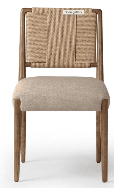 A contemporary dining chair featuring a solid wood frame, a natural woven rope backrest, and an upholstered fabric seat. — 3D model