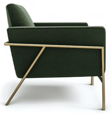 A contemporary armchair with dark green fabric upholstery and a polished gold-finished metal frame. The chair features a clean, geometric silhouette with padded armrests and a plush seat cushion. The exposed metal frame provides a minimalist and modern aesthetic. — 3D model