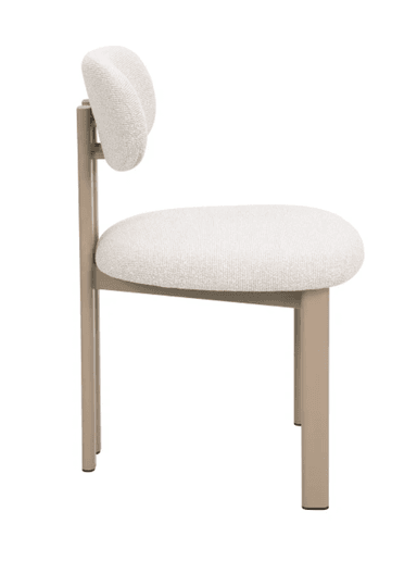 A contemporary armless chair featuring an upholstered seat and a detached, rounded backrest. The chair is supported by four straight, cylindrical metal legs in a matte light beige or taupe finish. The upholstery is a textured, light cream or off-white fabric. — 3D model