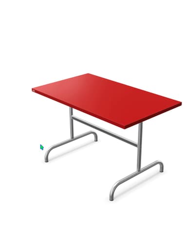 A rectangular table with a vibrant red tabletop and a silver-colored metal base. The base consists of two U-shaped legs connected by a horizontal support bar, offering a modern and minimalist aesthetic. A small rectangular logo is visible on the underside of the tabletop. — 3D model
