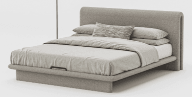 A modern upholstered bed frame with a low profile and a curved headboard. The bed is complete with bedding, including sheets, pillows, and a decorative throw pillow. The frame appears to be fabric-covered, featuring a continuous curve from the footboard to the headboard, which has rounded edges. A subtle handle or recess is visible on the side of the frame. — 3D model