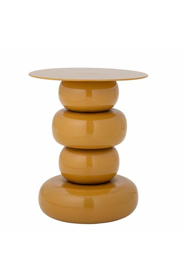 A small, round, mustard-yellow lacquered side table featuring a distinctive sculptural pedestal base composed of four stacked, progressively larger, bulbous elements. The table is topped with a flat, circular surface. — 3D model